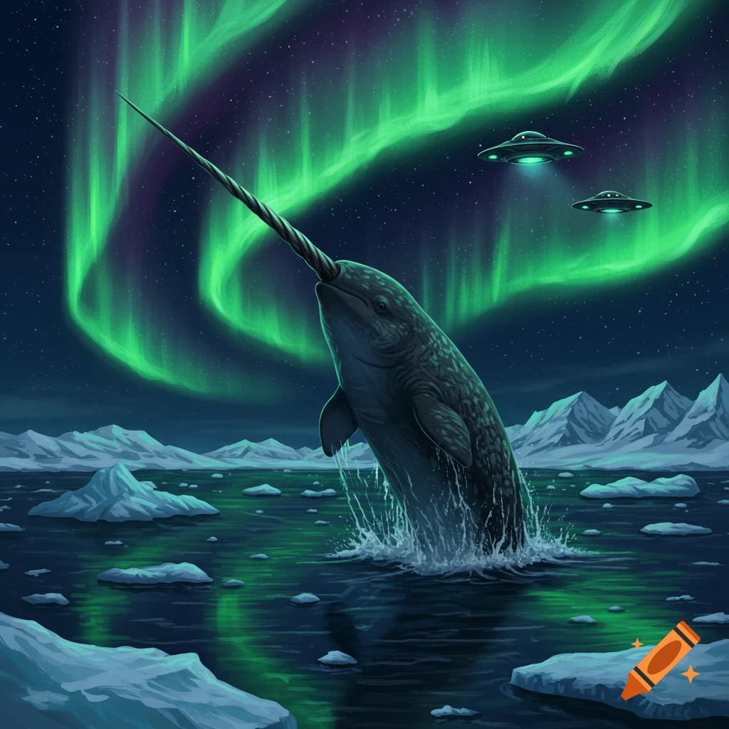 A narwhal breaches icy water under a green aurora borealis with UFOs in the sky.
