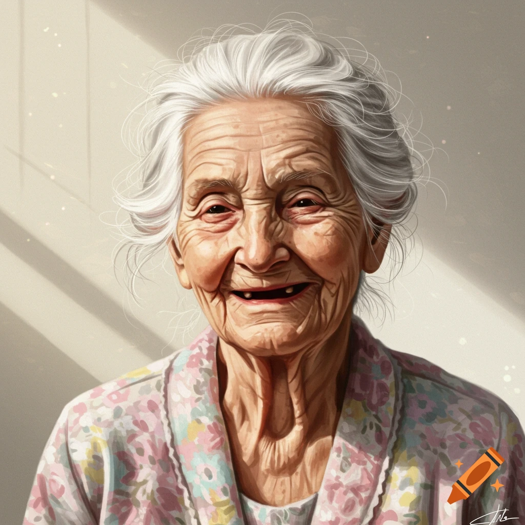 A portrait of an old woman smiling in sunlight.