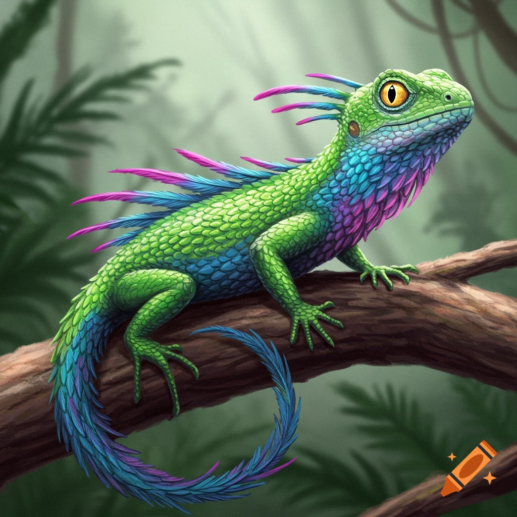 A vibrant green lizard with blue and purple feathered scales sits on a branch in a jungle.