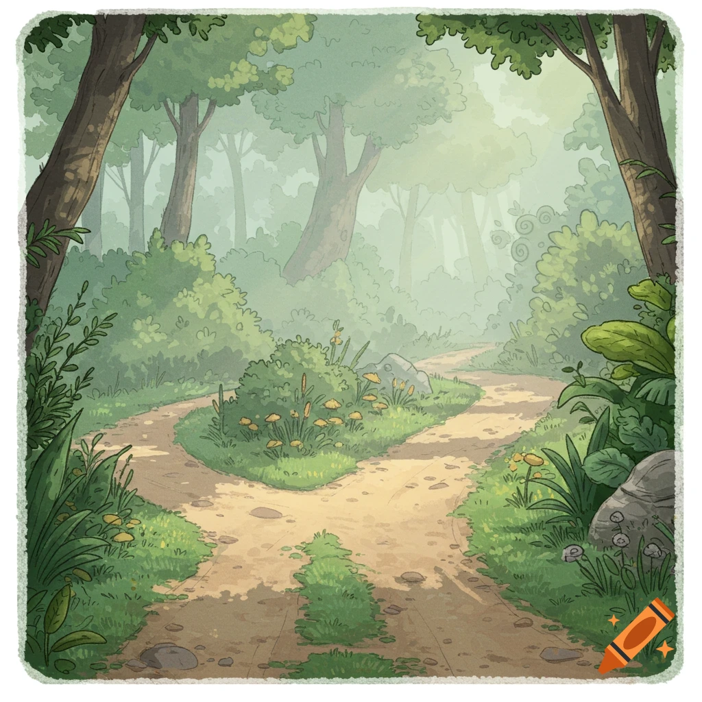 A fork in a dirt path in a green forest, in Studio Ghibli illustration style.