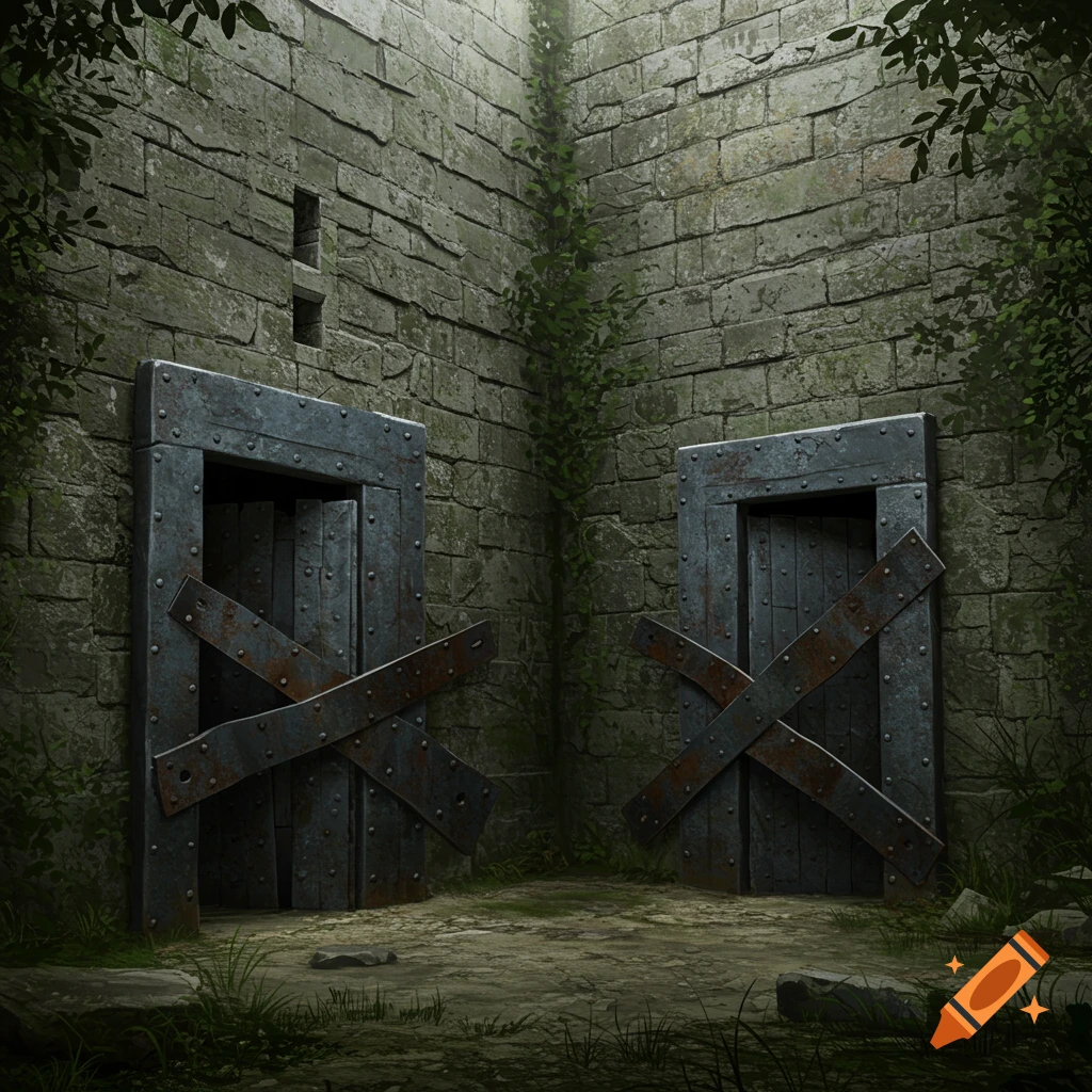 Two old, boarded-up doors in a stone wall maze.