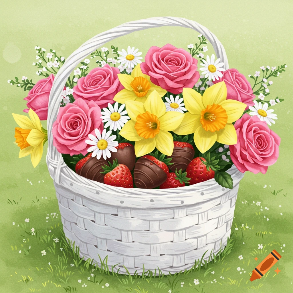 A basket of roses, daffodils, daisies, and chocolate strawberries on grass.