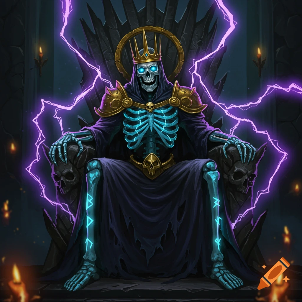 A skeleton king with glowing bones is seated on a dark throne amidst purple lightning.