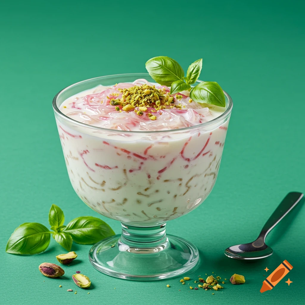A glass of Faludeh Shirazi dessert topped with pistachios and basil on a green background.