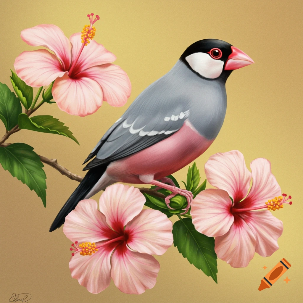 A Java Sparrow bird is perched on a branch with pink hibiscus flowers.