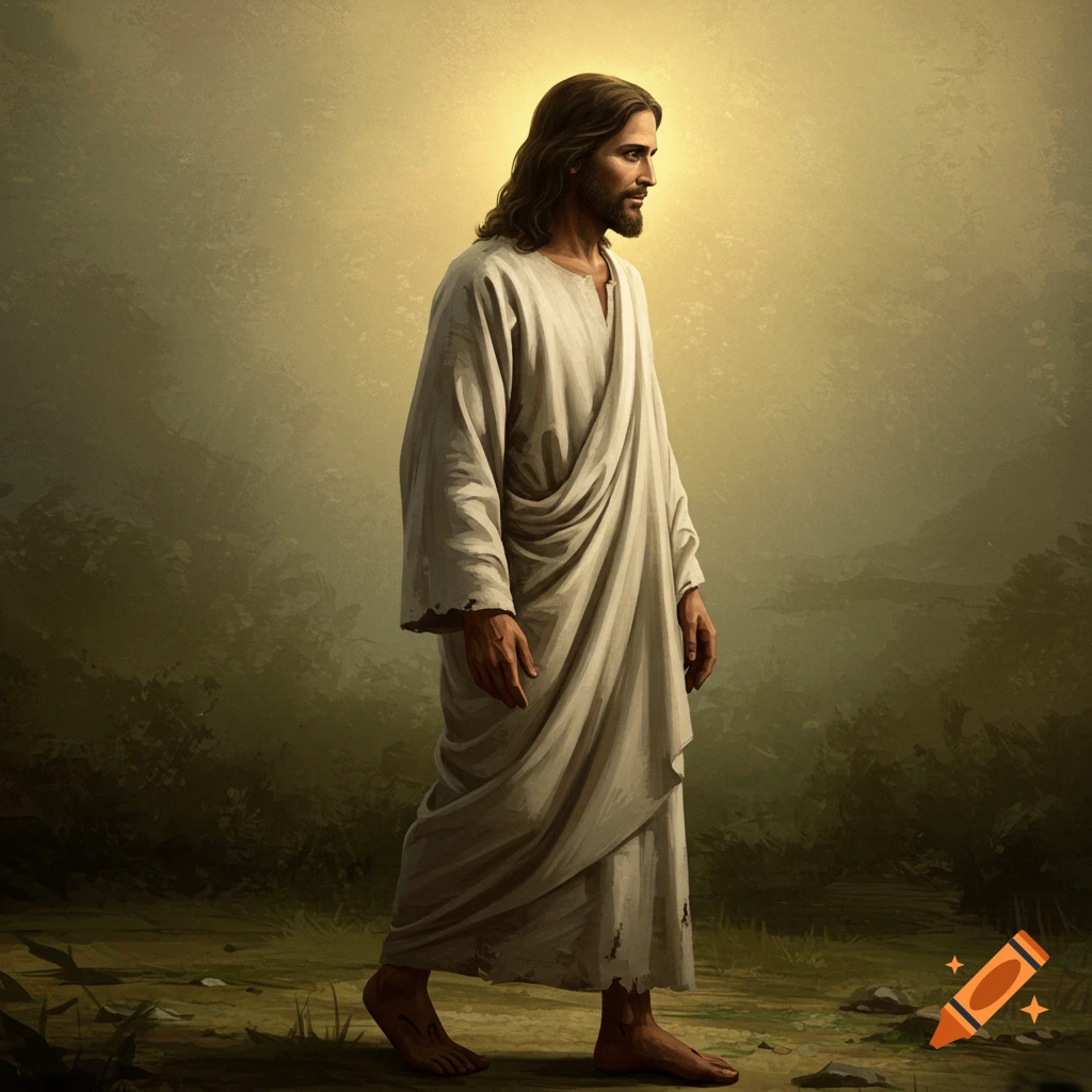 Jesus walking and looking over his right shoulder