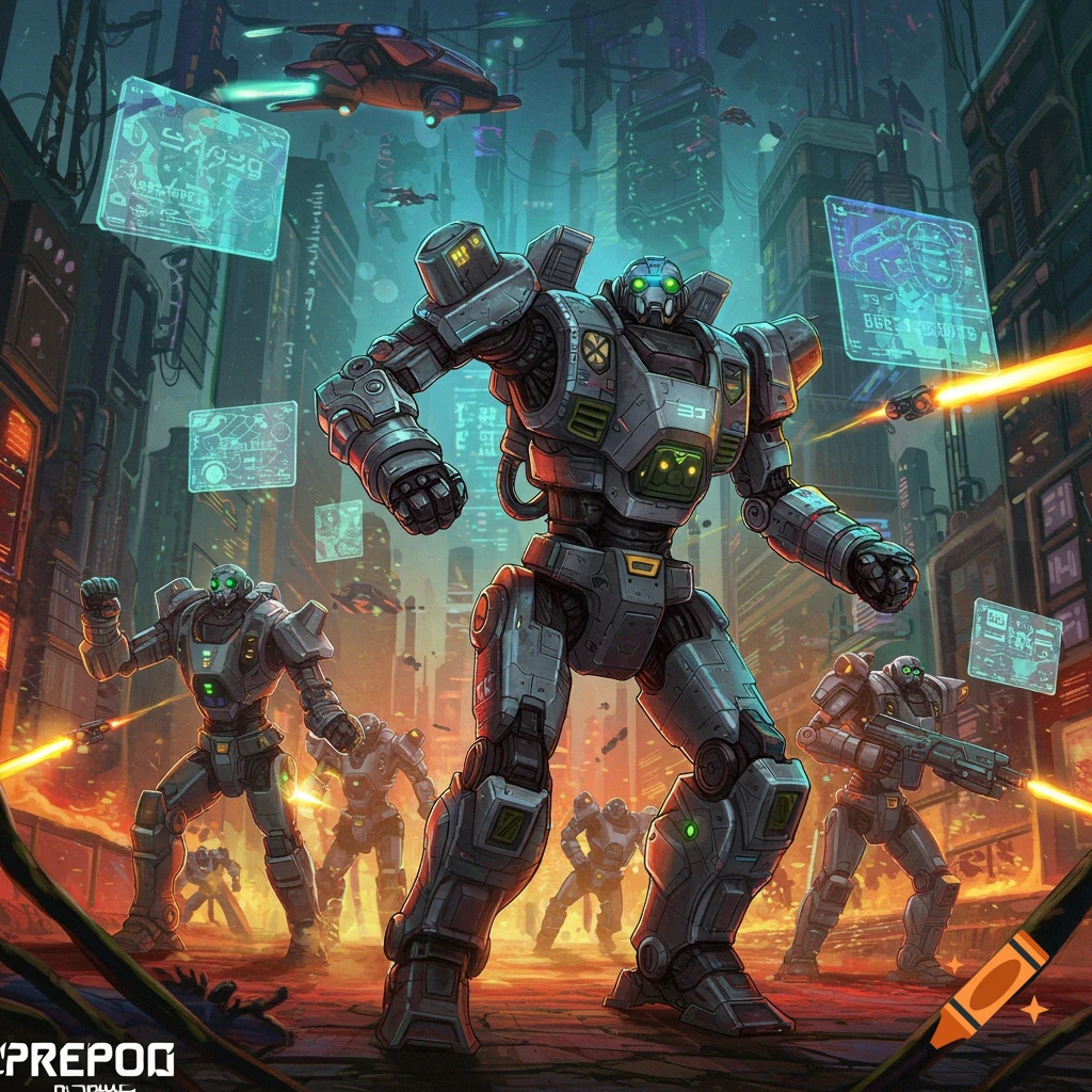 Giant robots stand in a futuristic city street with flying vehicles and holographic displays.