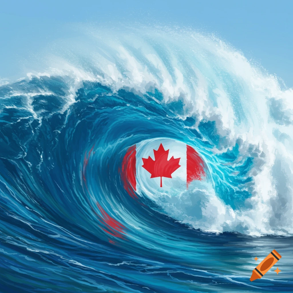 A large blue wave contains a Canadian flag within it.