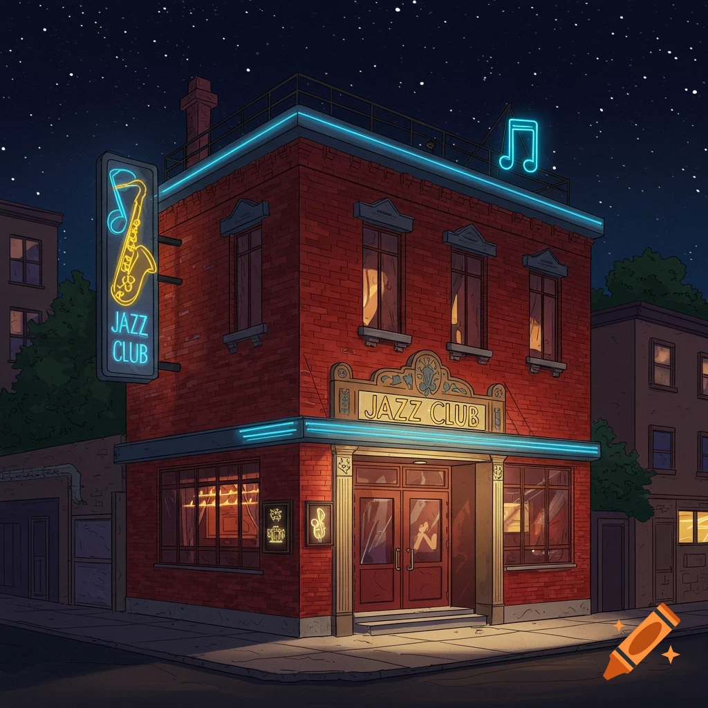 Stylized illustration of a jazz club building exterior at night with neon signs.