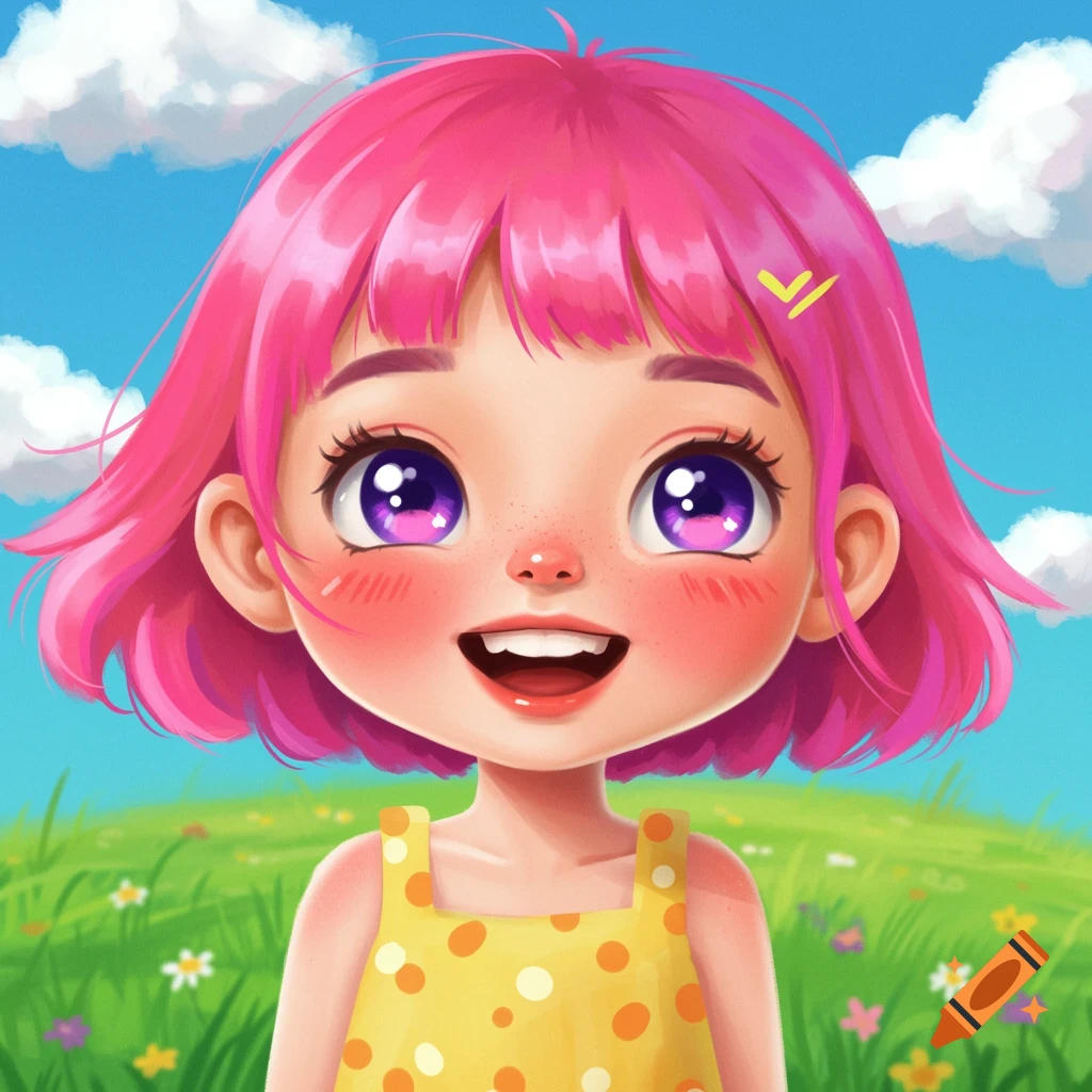A smiling young girl with pink hair and large eyes in a yellow polka dot dress stands in a field.