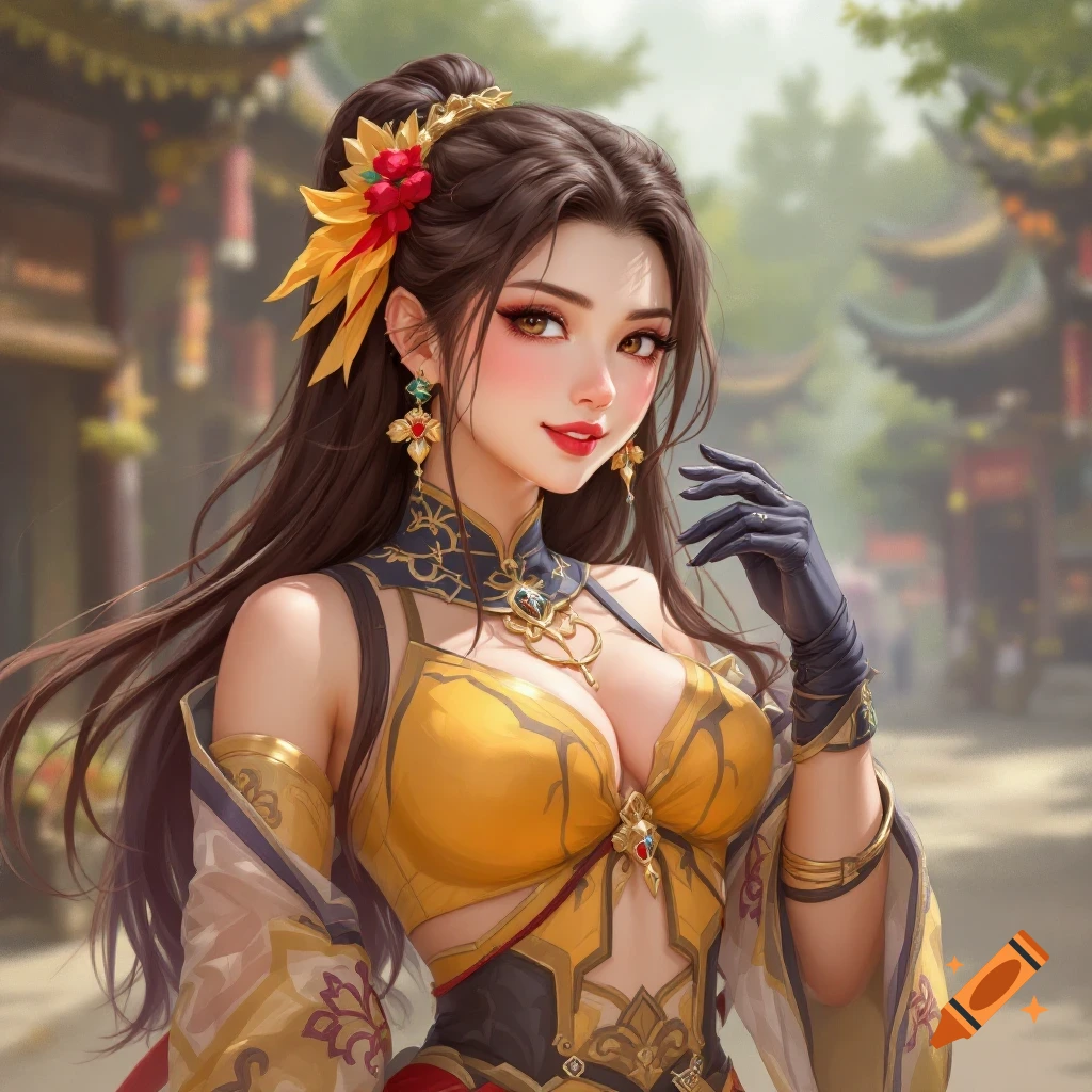 A woman in elaborate traditional clothing with ornate hairpiece and jewelry, set in an East Asian street.