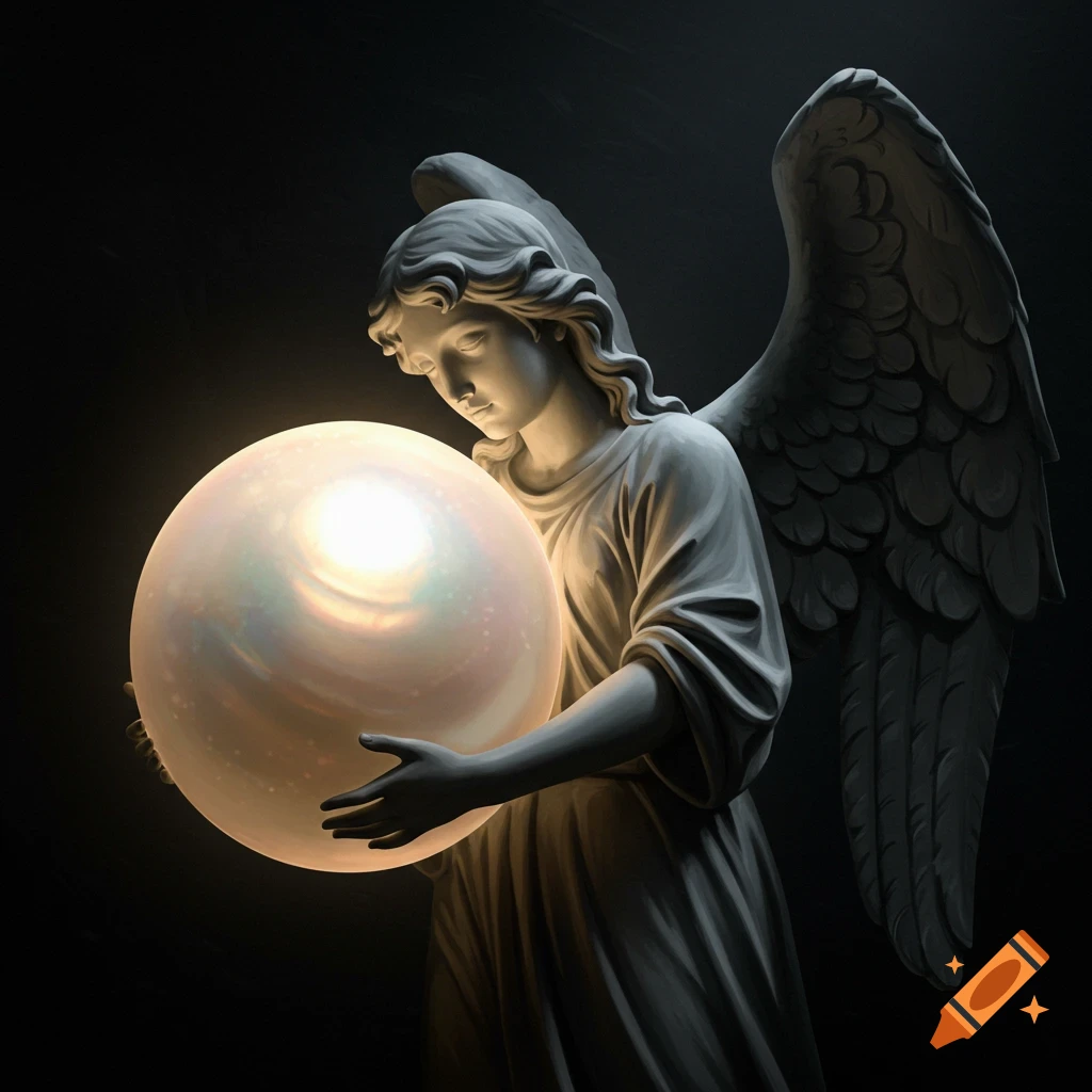 An angel statue in the dark holding a large glowing iridescent pearl orb.