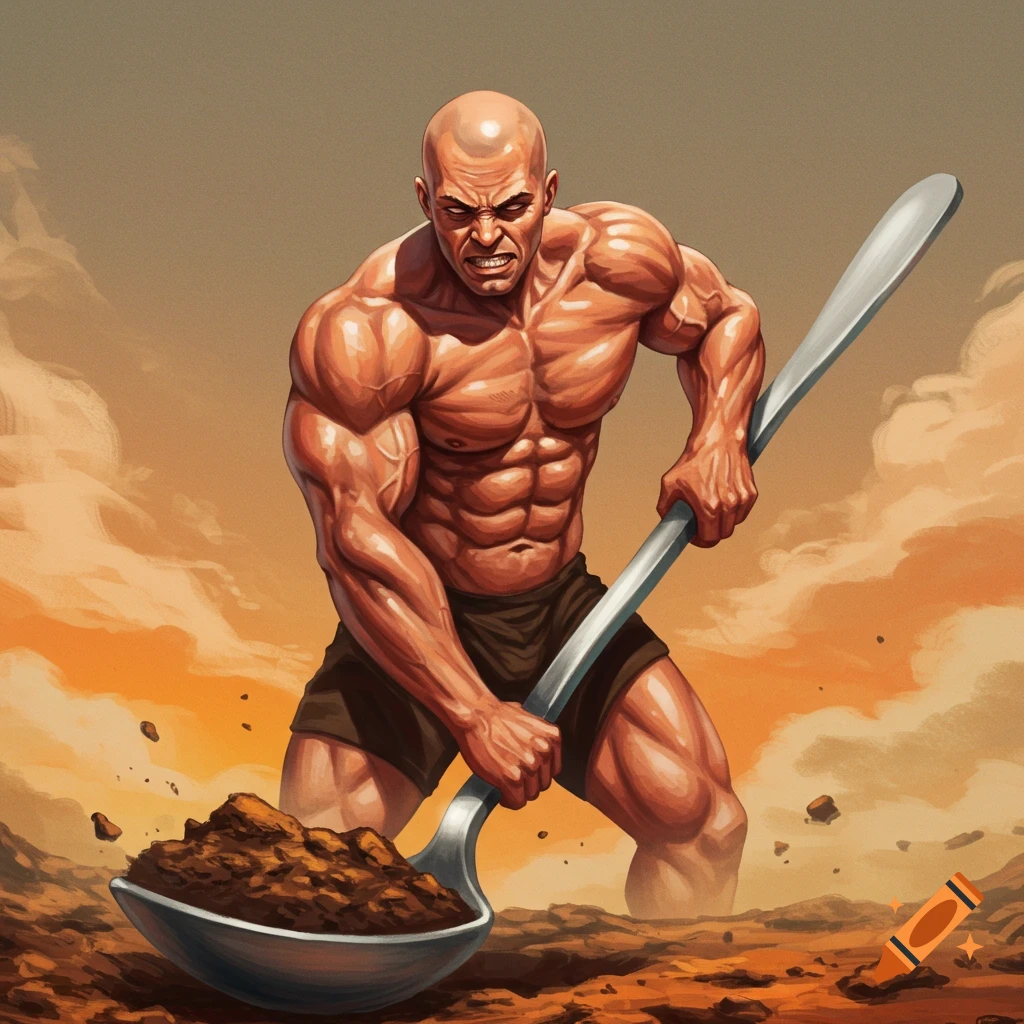 Muscular bald man digs into the ground with a gigantic spoon.