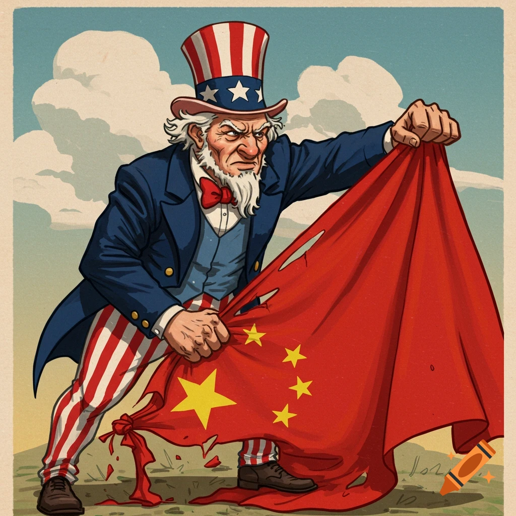 Illustration of Uncle Sam ripping a Chinese flag.