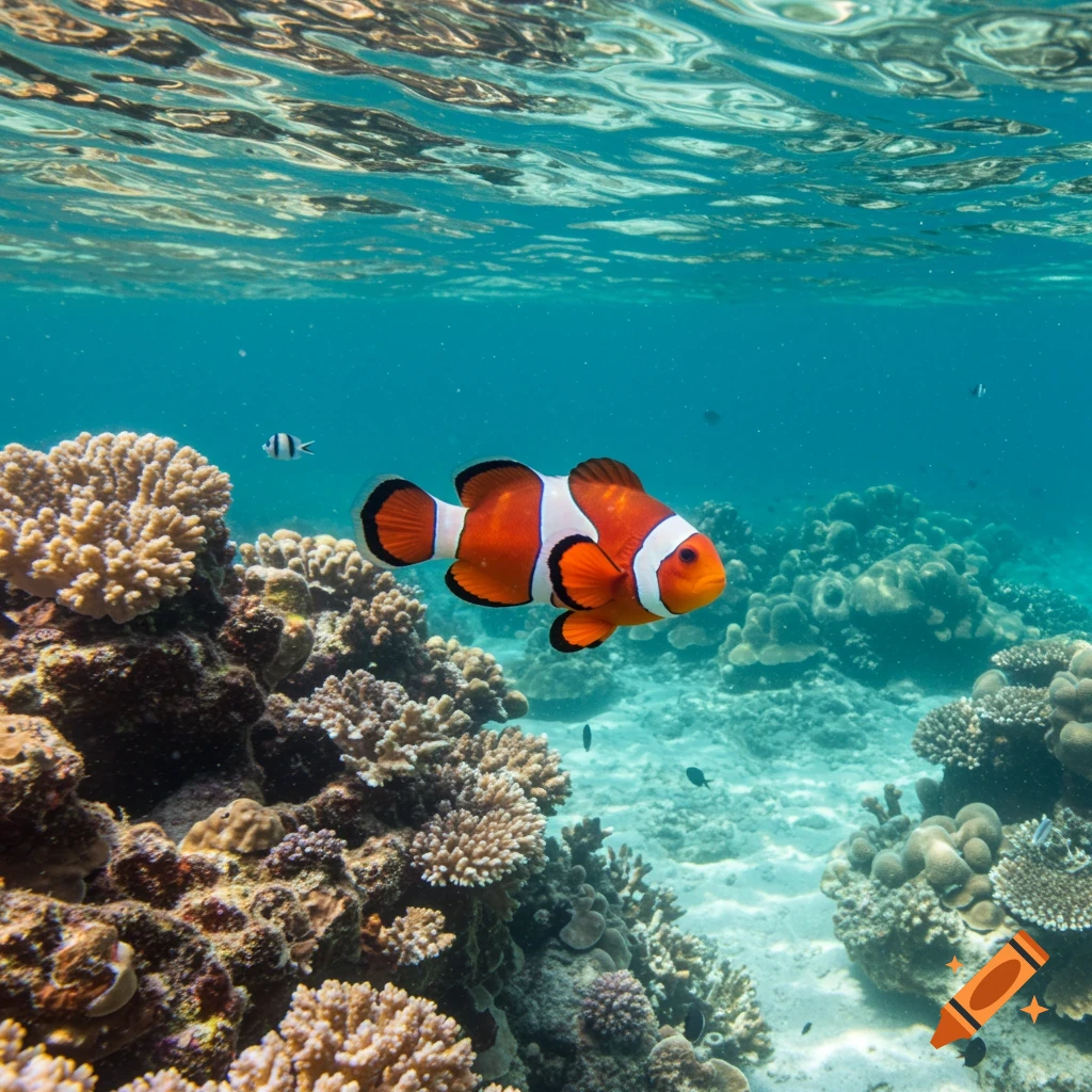 A vibrant orange and white clownfish swims among coral reefs underwater.