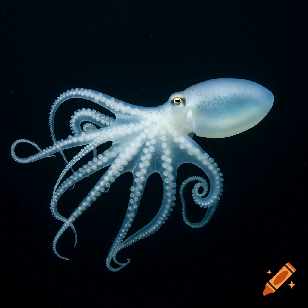 A translucent octopus floats against a black background.