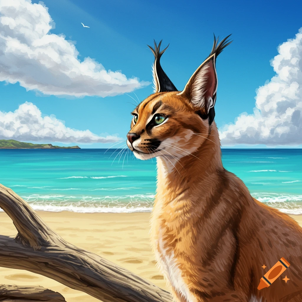 A caracal cat on a beach.