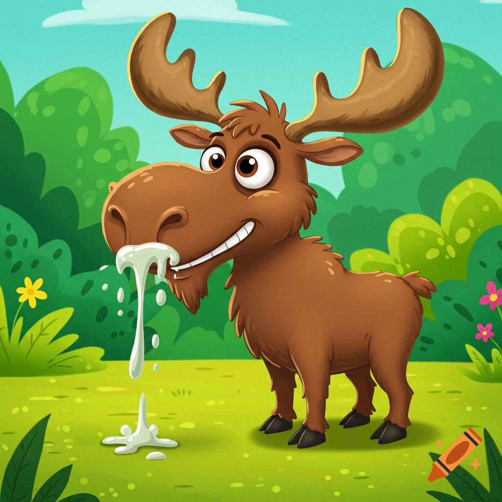 A funny cartoon moose stands in a forest clearing with snot dripping from its nose.