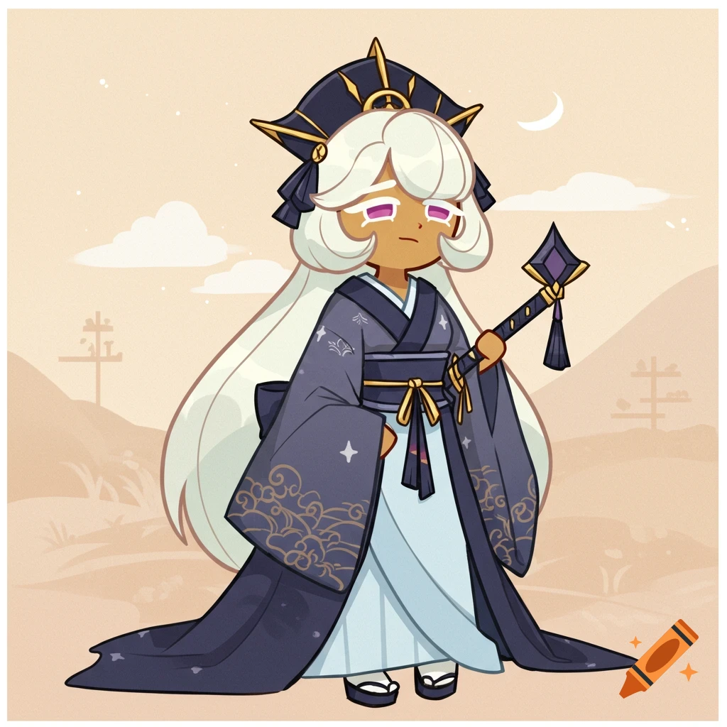 Cookie Run Kingdom character in a kimono stands in a desert landscape.