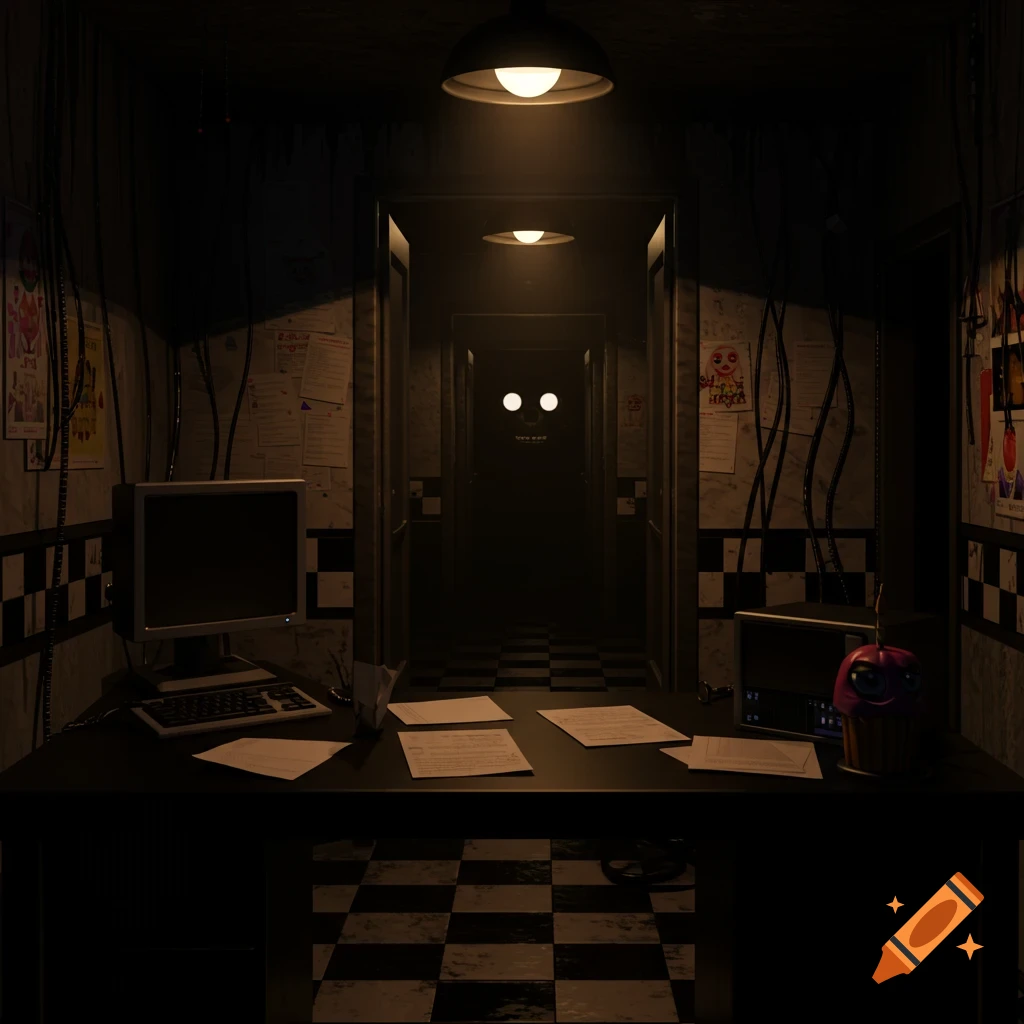 Dimly lit office with desk, checkered floor, papers, and hallway where two eyes glow in darkness.