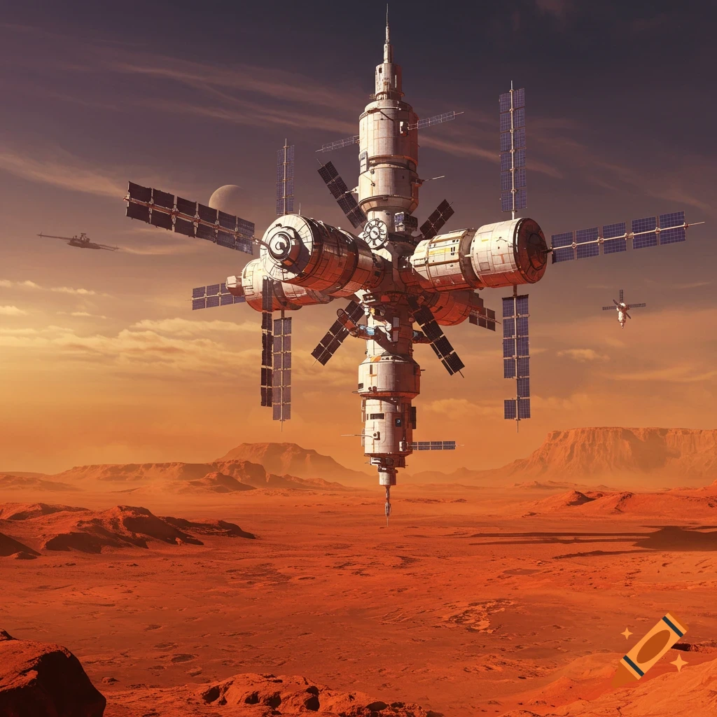 A large, complex space station hovers over a red, rocky Martian landscape under a cloudy sky, with smaller spacecraft visible.
