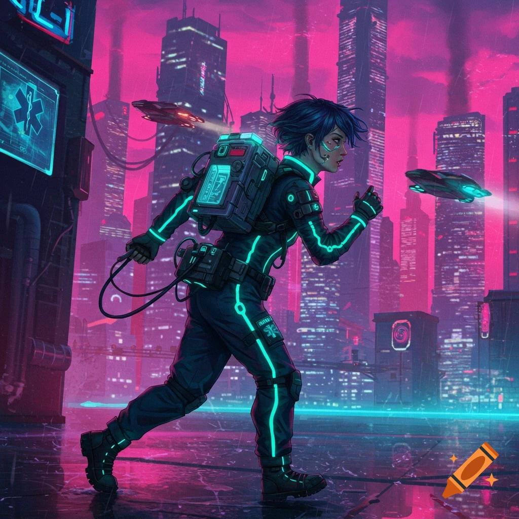 A cyberpunk paramedic runs through a futuristic city street at night.