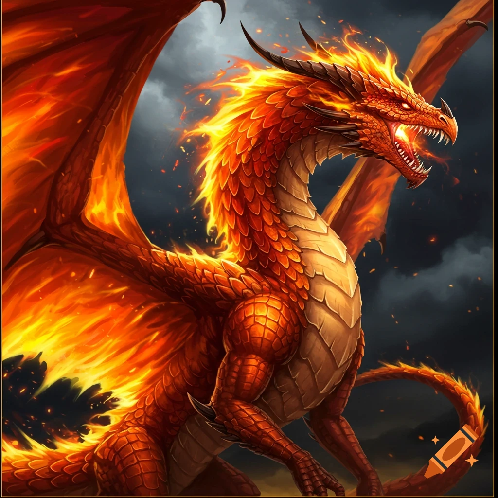 A majestic red fire dragon against a stormy sky.