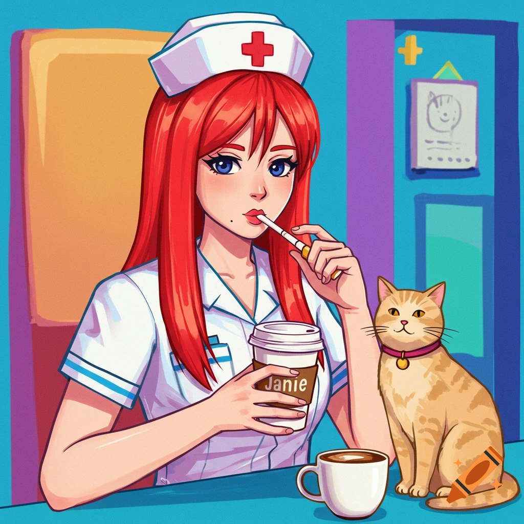 Anime illustration of a red-haired nurse with a cat, drinking coffee.