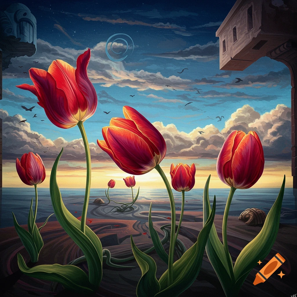 Surreal landscape with large red tulips, strange structures, and a dramatic sky.