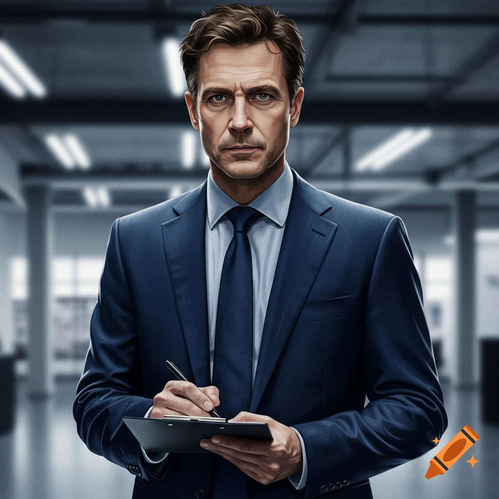 A man in a suit holding a clipboard and pen in an office.