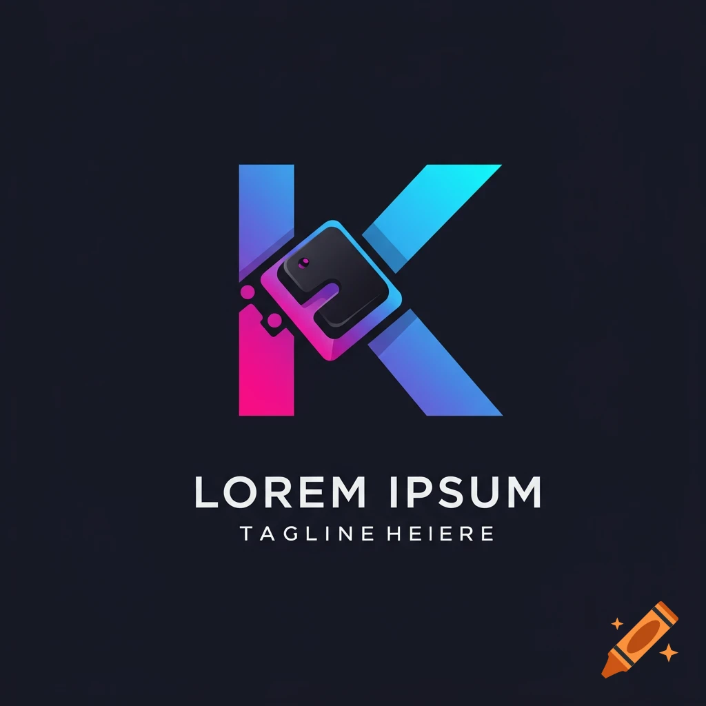 Logo with a pink-to-blue gradient 'K' and a stylized tech element, with placeholder text below.