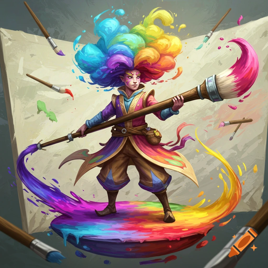 A vibrant illustration of a fantasy character with rainbow hair, holding a giant paintbrush.