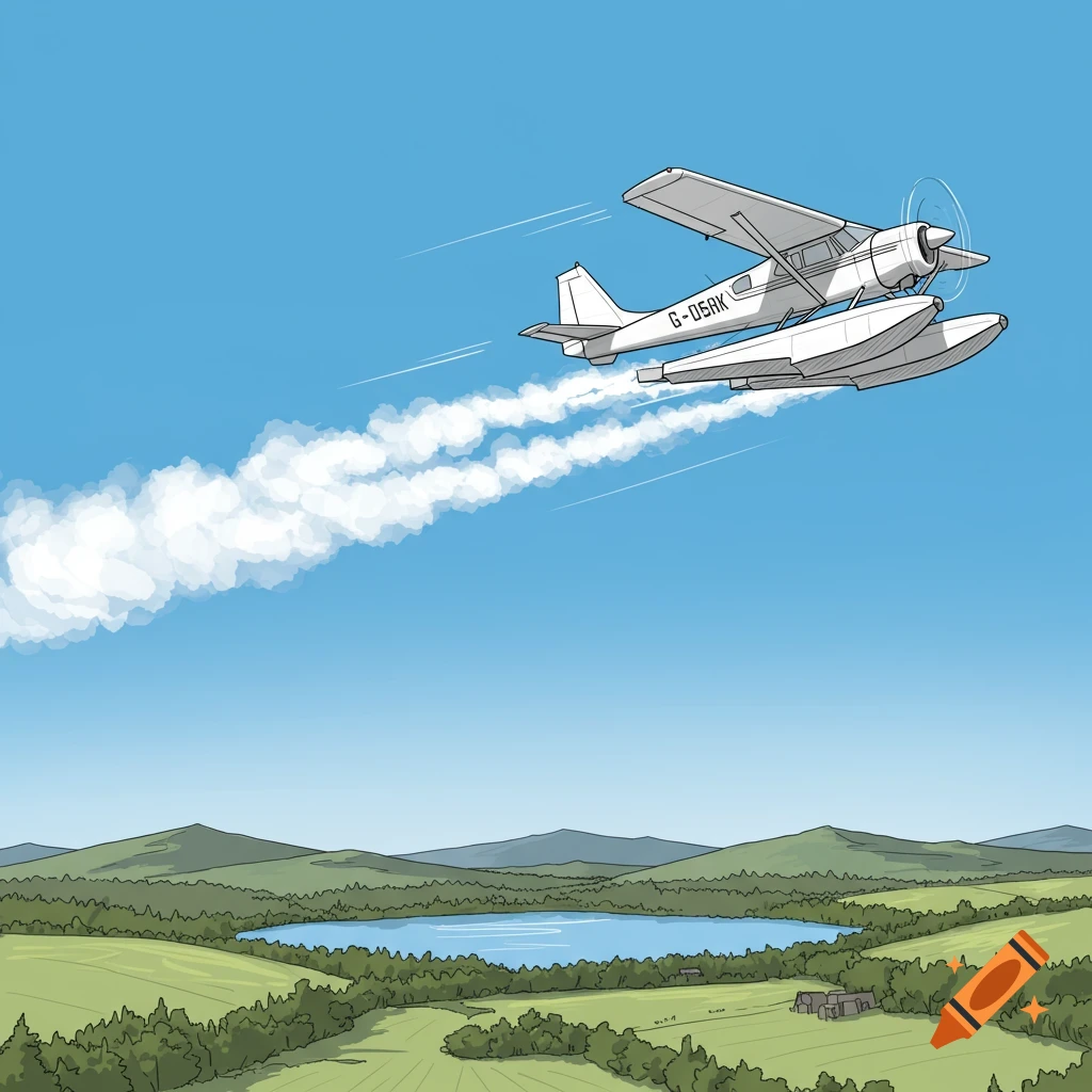 Drawing of a float plane flying right over a lake and green fields, leaving a cloud trail.