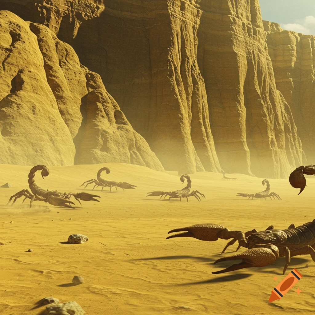 Giant CGI scorpions crawl across a sandy desert floor with towering rock cliffs in the background.