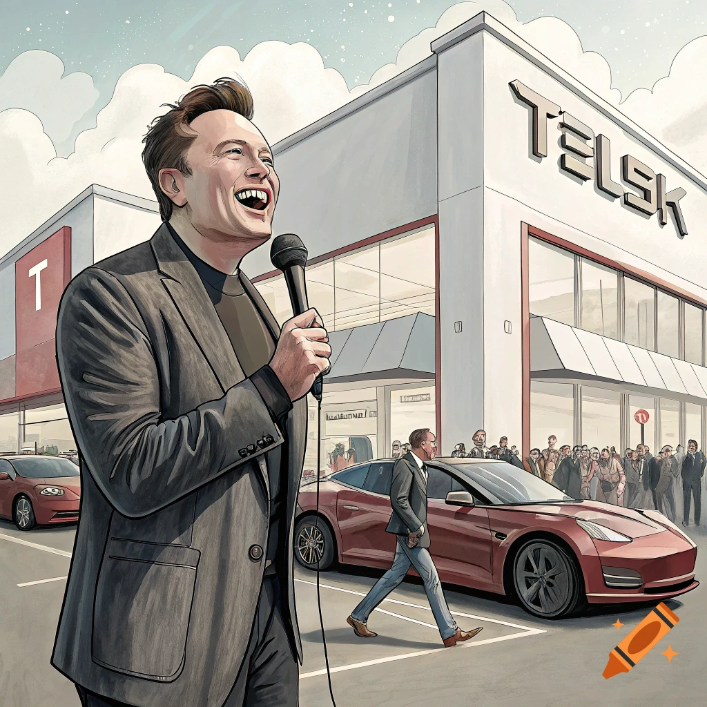 Illustration of a man resembling Elon Musk speaking into a microphone in front of a car dealership with red cars and people in the background.