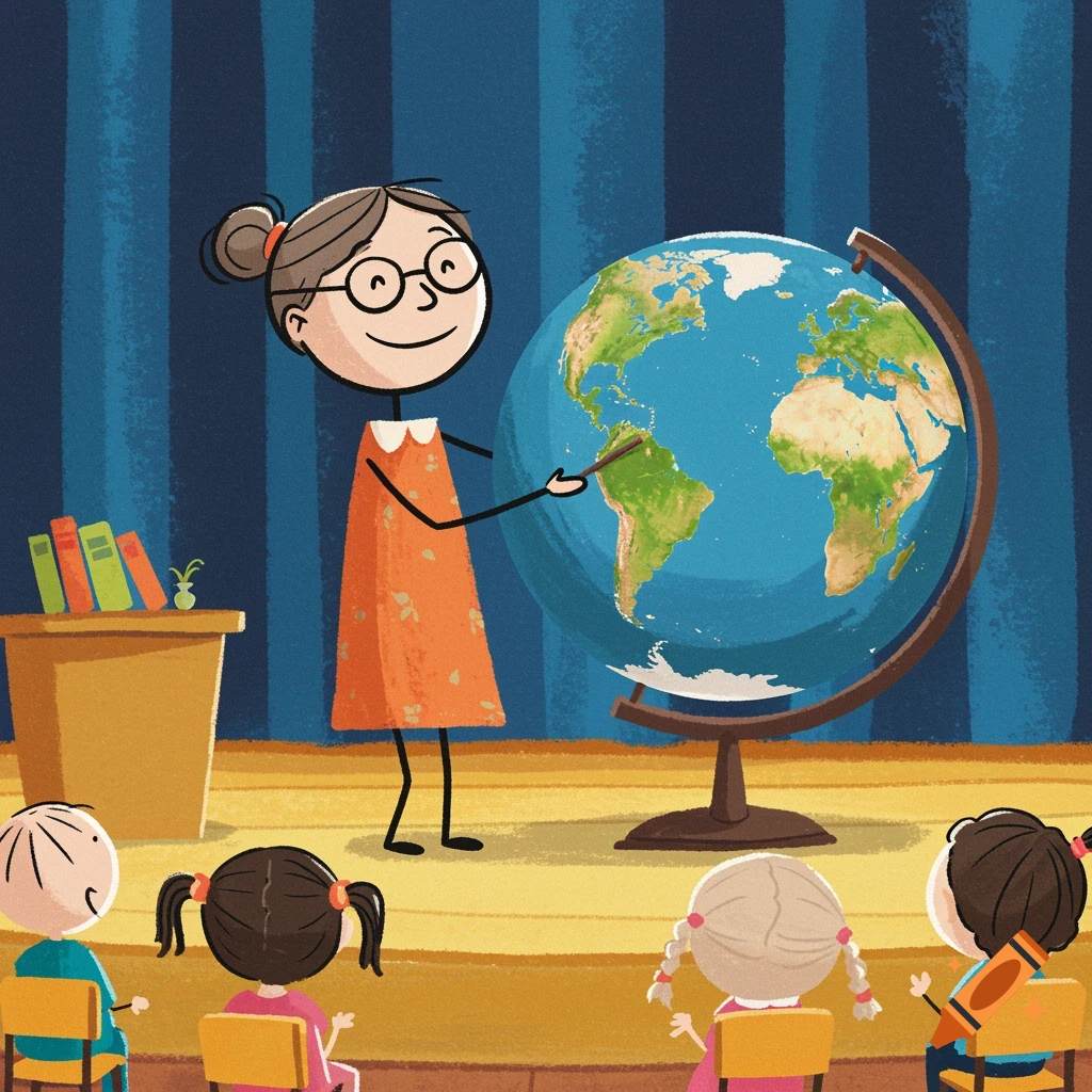 A stick-figure teacher points at a globe for children in a classroom illustration.