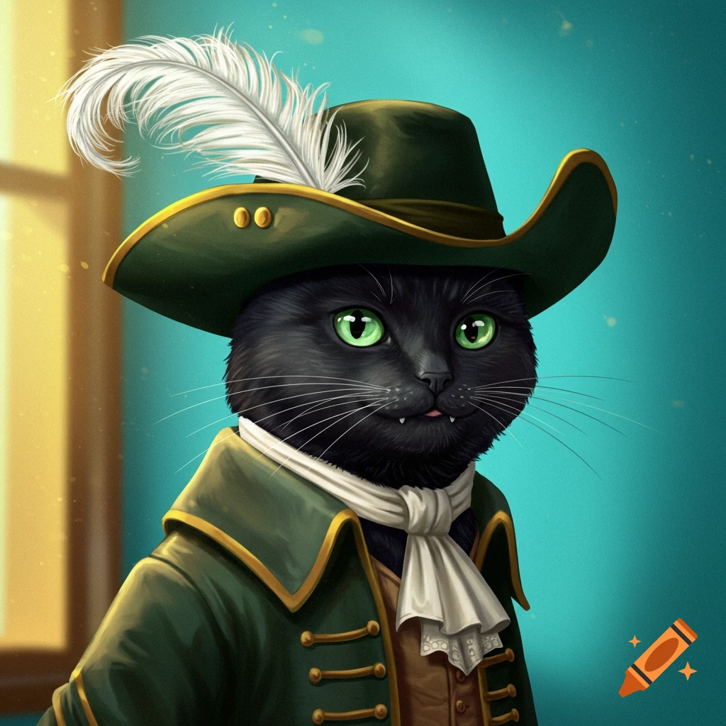 A black cat wearing a green tricorne hat with a white feather and a green coat.