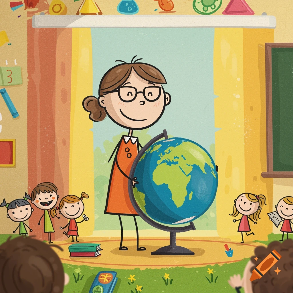 Vibrant childlike illustration of a teacher showing a globe to children in a classroom.