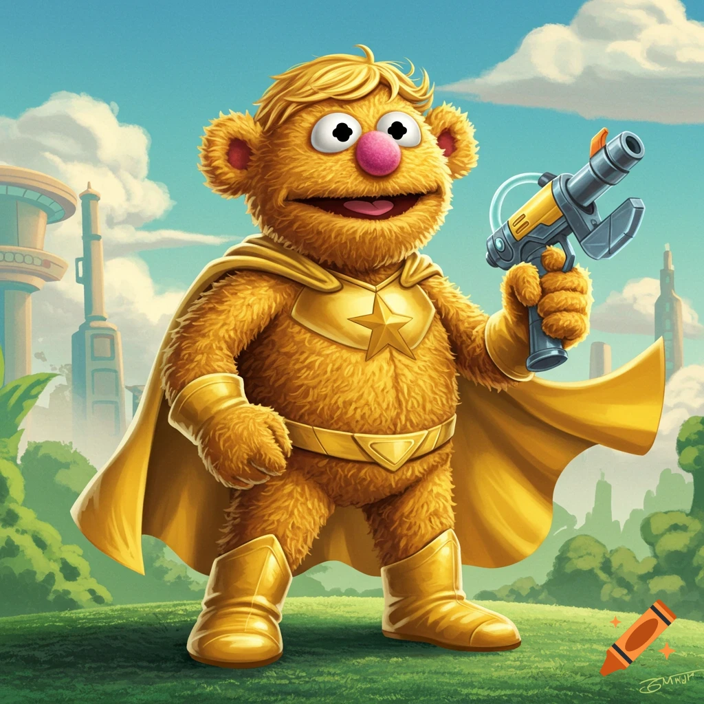 A muppet character dressed as a superhero in golden armor and cape, holding a futuristic gun.