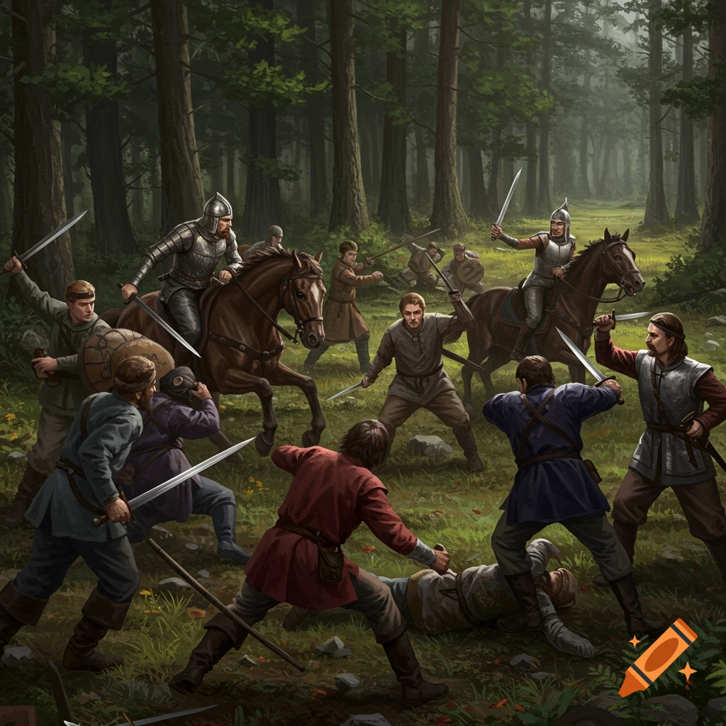A medieval battle rages in a forest, featuring soldiers fighting with swords and knives, including mounted knights.