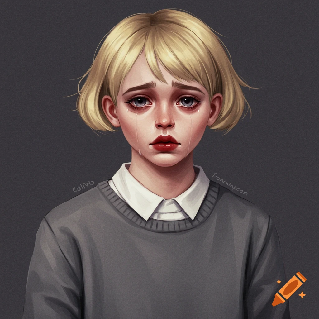 Portrait of a young person with blonde hair crying, wearing a grey sweater.