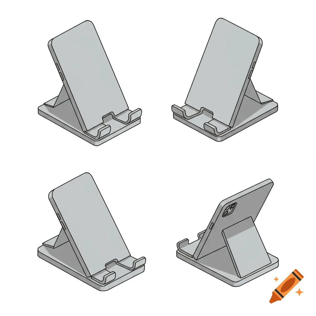 Four isometric illustrations of phone stands.