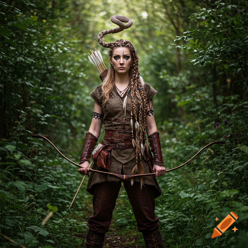 A female fantasy warrior with braided hair and a snake head detail, holding a bow in a forest.