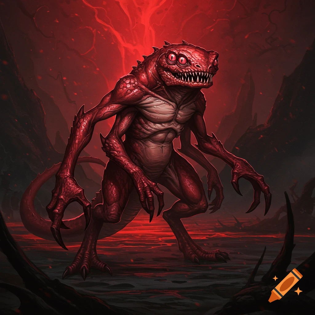 a red, multi-limbed monster with multiple eyes in a dark, hellish environment.