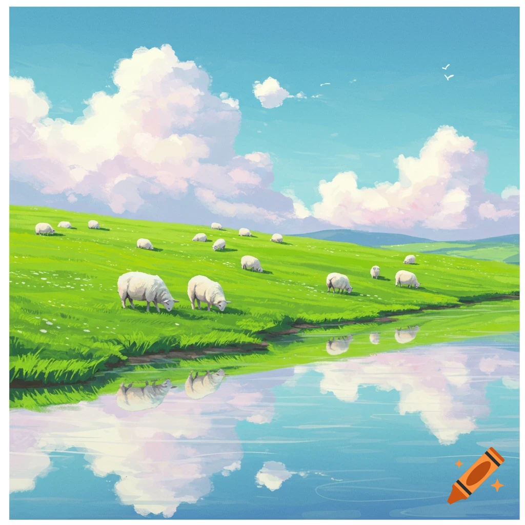 Sheep graze in a green pasture by still water reflecting the sky.