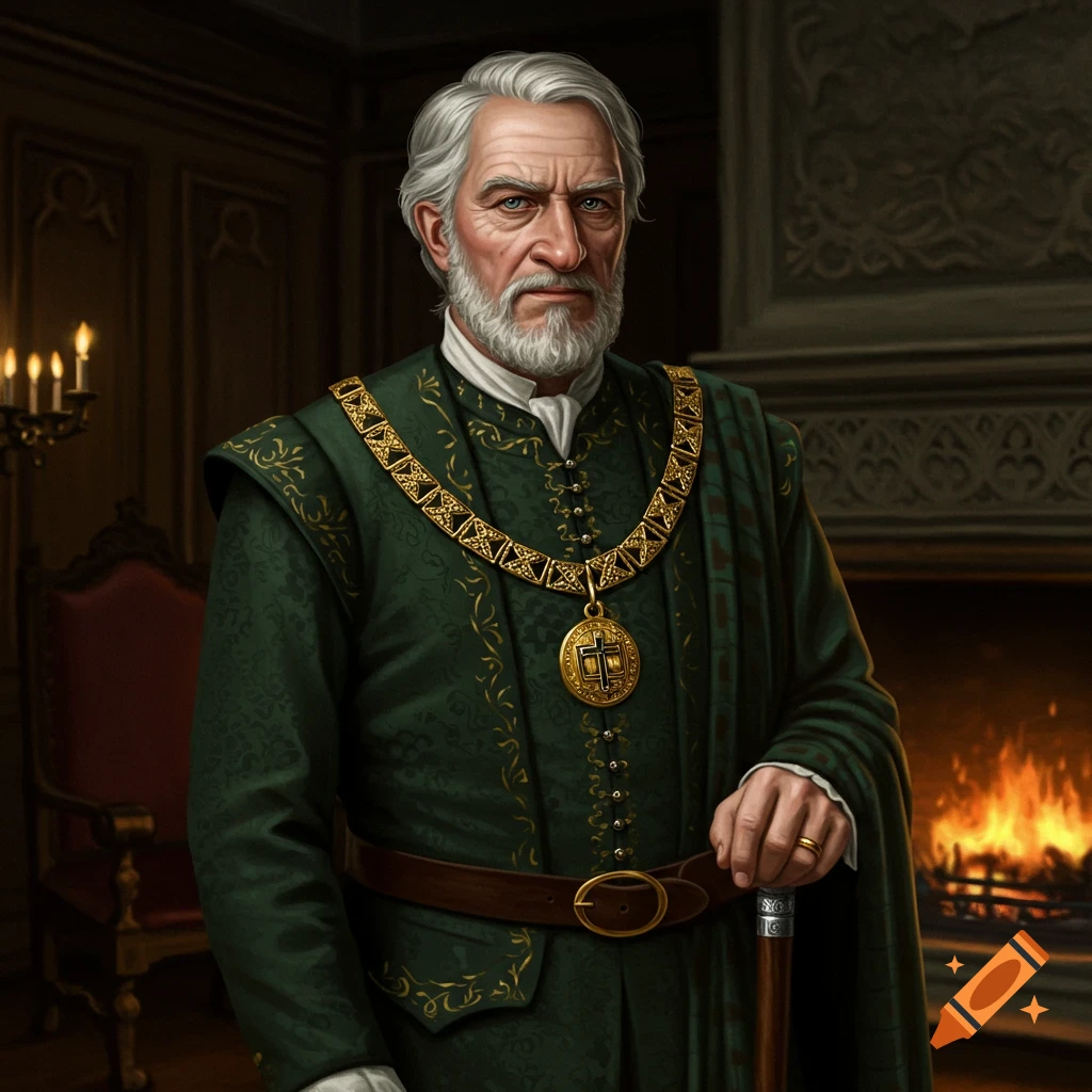 An older Scottish nobleman is shown in ornate green robes