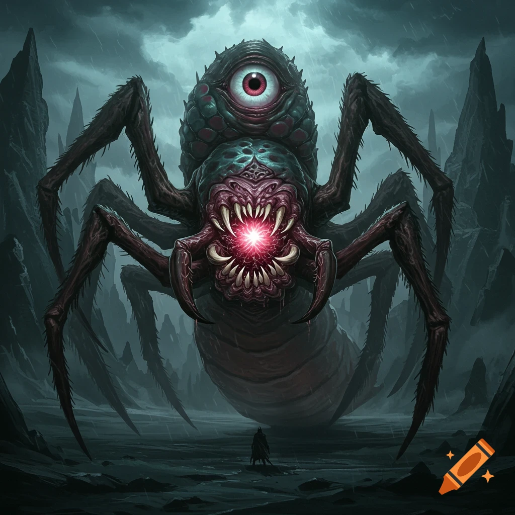 A giant monster with spider legs, a mouth in its body, and an eye for a head faces a small person in a dark, rocky landscape under a stormy sky.
