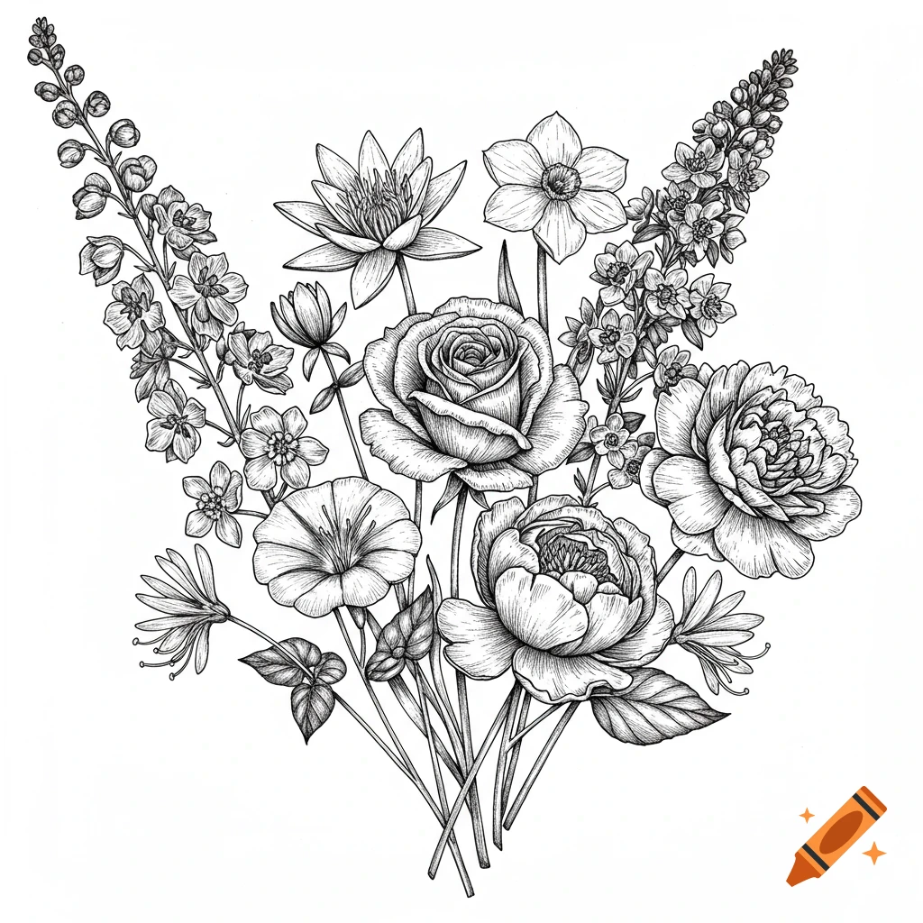 Black and white pen drawing of a bouquet of assorted flowers.