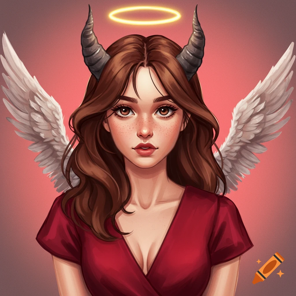 A woman with angel wings, demon horns, and a halo, wearing a red dress.
