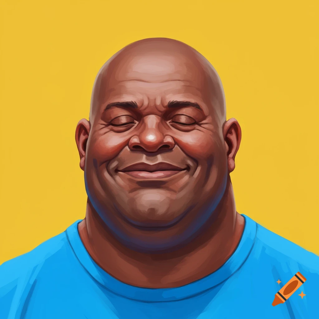 Smiling bald man in a blue shirt against a yellow background.